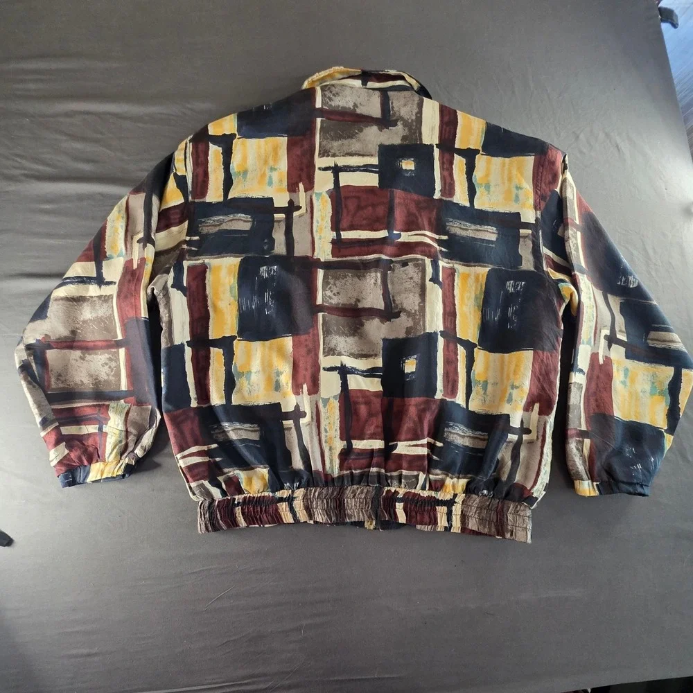 Vintage 90s Silk Bomber Jacket Abstract Geometric Large Maximalist 80s Eclectic